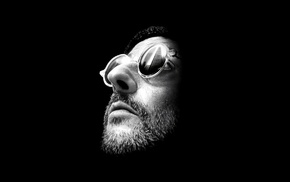 Lon The Professional, Jean Reno, black background, monochrome, sunglasses