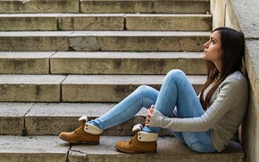 jeans, girl, stairs, model