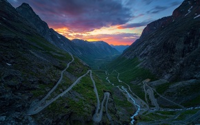 river, clouds, sunset, mountain, road, nature