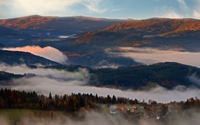 mist, sunset, mountain, nature, landscape, villages