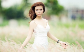 white dress, model, girl, Asian, grass