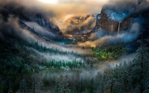 mountain, waterfall, winter, forest, nature, mist