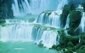 huge, China, waterfall, shrubs, green, landscape