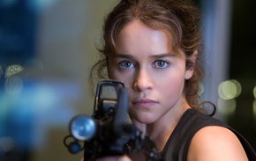 actress, Emilia Clarke, girl, Terminator, weapon, face