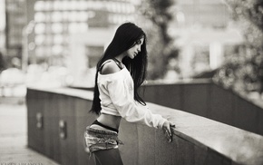 black hair, long hair, jean shorts, model, sweater, Alla Berger