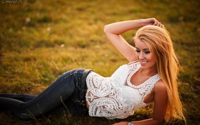 blonde, Maria, model, jeans, girl, grass