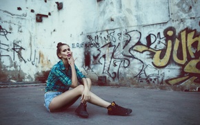 girl, model, walls, graffiti, jean shorts, sitting