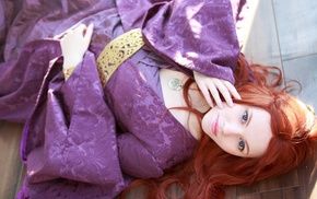looking at viewer, lying on back, redhead, model, on the floor, kimono