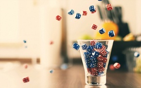 dice, falling, glass, depth of field