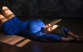 girl, sunlight, long hair, shadow, on the floor, blue dress
