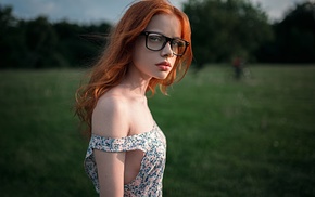 nature, girl, redhead, looking at viewer, no bra, girl with glasses
