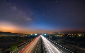 sunset, long exposure, stars, road