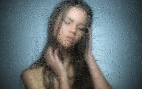 girl, glass, water, brunette, face