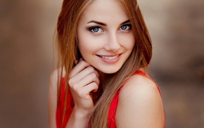 Ann Nevreva, redhead, smiling, girl, red clothing, blue eyes