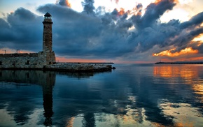 lighthouse, photography, clouds, depth of field, sunset, water