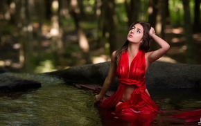 model, girl, red dress, nature, river, water
