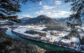 river, winter, nature, landscape, mountain