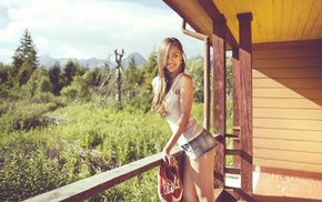 grass, girl, jean shorts