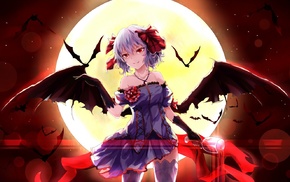 dress, anime girls, wings, moon, bats