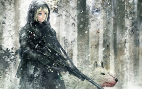 gun, snow, machine gun, wolf, artwork, anime girls