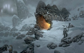 winter, snow, fantasy art, cave, Vikings