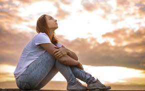 girl, jeans, redhead, sunset