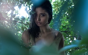 leaves, girl, black hair, plants, brunette, face