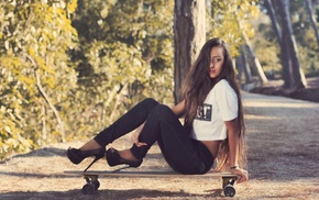 long hair, skateboard, girl, jeans, model, high heels