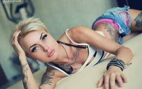 girl, tattoo, jean shorts, short hair