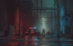 oil painting, police, simple, video games, street, PC gaming