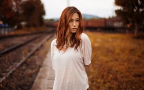 leaves, railway, redhead, girl, long hair, fall