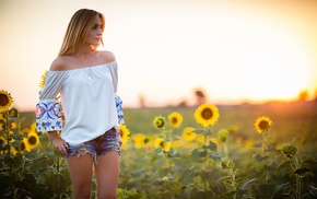 girl, jean shorts, sunflowers, blonde