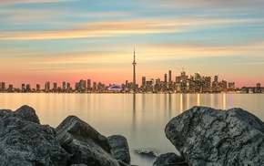 sunset, water, Canada, city, Toronto, rock