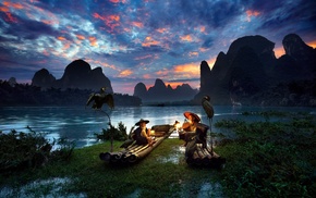 men, Asian, birds, China, mountain, nature