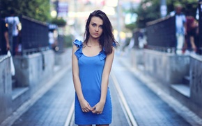 blue clothing, dress, road, brunette, girl