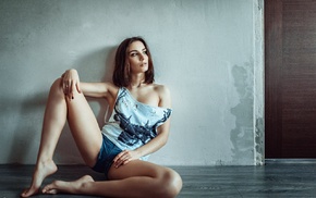 girl, sitting, jean shorts, walls