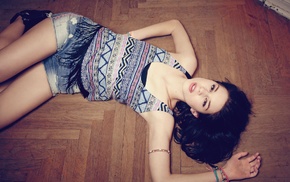long hair, on the floor, girl, lying down, jean shorts, model