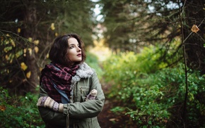 nature, forest, girl outdoors, gloves, girl, brunette