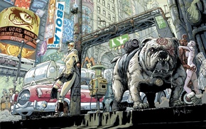 comics, Transmetropolitan, signs, cyberpunk, dog