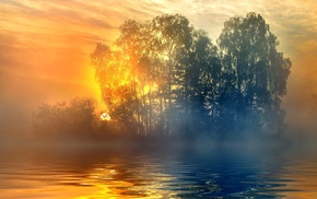 calm, blue, sunset, trees, lake, water
