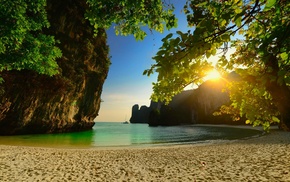 sea, Thailand, rock, sand, landscape, trees