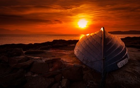 sunset, rock, boat