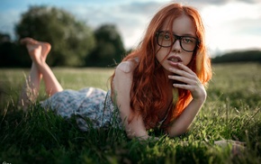 redhead, glasses, grass, girl, girl outdoors, model