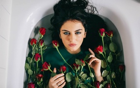 model, Aurela Skandaj, bathtub, face, rose, girl