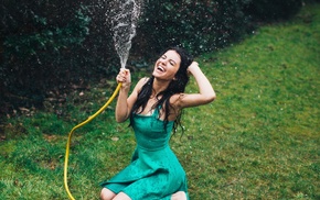 water drops, Aurela Skandaj, dress, kneeling, brunette, girl