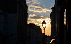 Sun, building, Paris, lantern, sky, street light