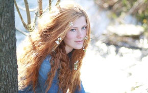 flower in hair, blue eyes, curly hair, redhead, girl outdoors, looking at viewer