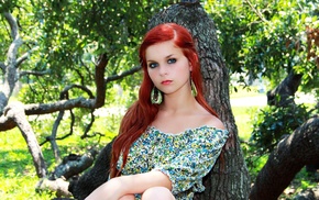 redhead, looking at viewer, trees, Karoline Kate, bare shoulders, model