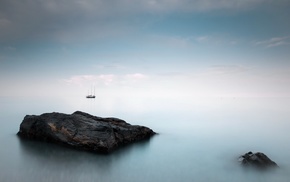 sea, landscape, sailing ship, rock, stones, horizon