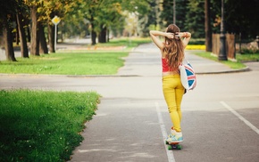 back, hands in hair, blonde, road, skateboard, girl